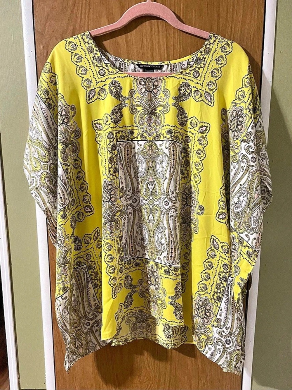 VS Beach Coverup Kaftan Top Yellow White Scroll Paisley Chiffon Kimono Y2K
